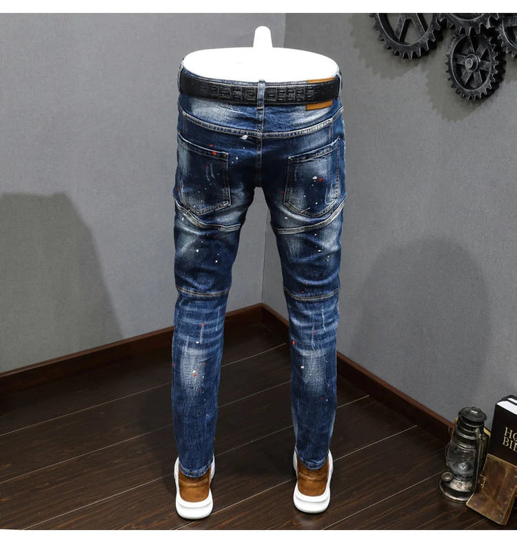 Fashion Designer Men Jeans Retro Blue Stretch Slim Fit Painted Ripped Jeans Men Korean Style Vintage Casual Denim Pants Hombre PlatiNum