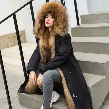 Women Cotton coat Winter Jacket Female thick warm Parkas hooded Outwear large sizeInner liner removable fur over knee Overcoat