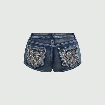 Low Rise Distressed Denim Shorts Female Jeans Womens Jeans Shorts Vintage Y2K Punk Style Embroidered Hot Pants PlatiNum