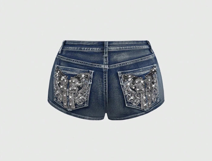 Low Rise Distressed Denim Shorts Female Jeans Womens Jeans Shorts Vintage Y2K Punk Style Embroidered Hot Pants PlatiNum