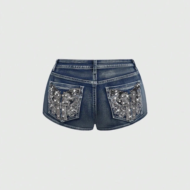Low Rise Distressed Denim Shorts Female Jeans Womens Jeans Shorts Vintage Y2K Punk Style Embroidered Hot Pants PlatiNum