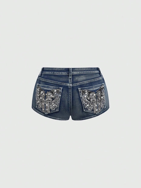 Low Rise Distressed Denim Shorts Female Jeans Womens Jeans Shorts Vintage Y2K Punk Style Embroidered Hot Pants PlatiNum