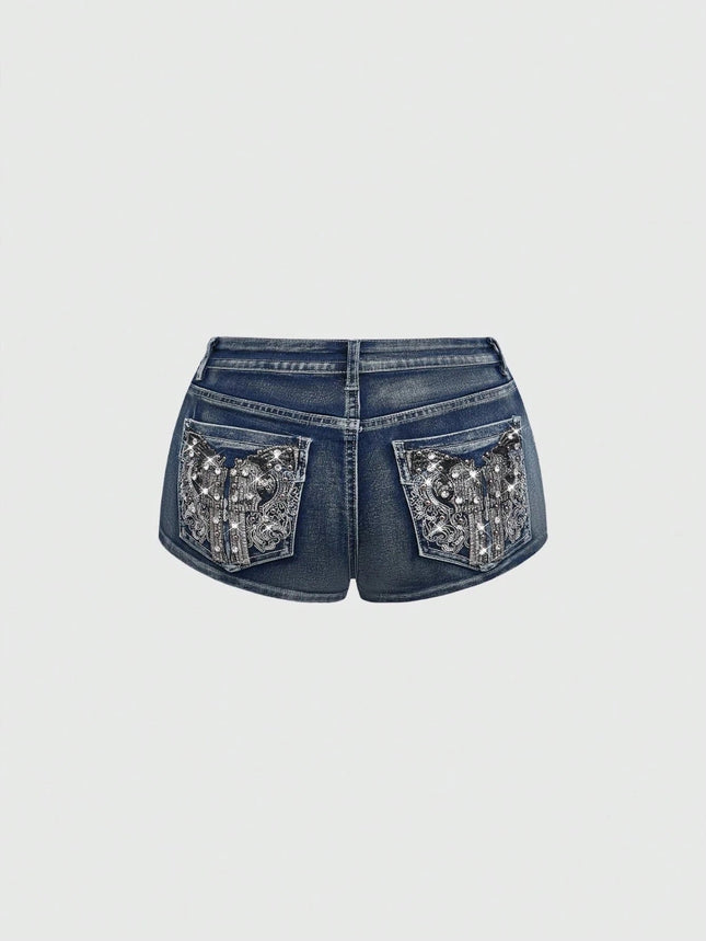 Low Rise Distressed Denim Shorts Female Jeans Womens Jeans Shorts Vintage Y2K Punk Style Embroidered Hot Pants PlatiNum