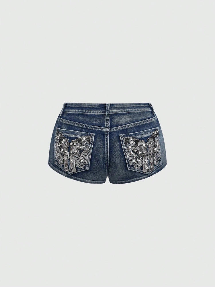Low Rise Distressed Denim Shorts Female Jeans Womens Jeans Shorts Vintage Y2K Punk Style Embroidered Hot Pants PlatiNum
