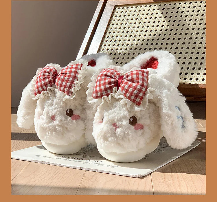 2026 New Women's Cotton Bow Bunny Slippers Winter Indoor Home Warm Household Wool Cotton Shoes Women Wear Indoor Winte