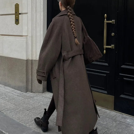 Women's Long Woolen Overcoats Stand Collar Single Breasted Lace Up Oversized Coat Autumn Winter Female Loose New Chic Outerwears