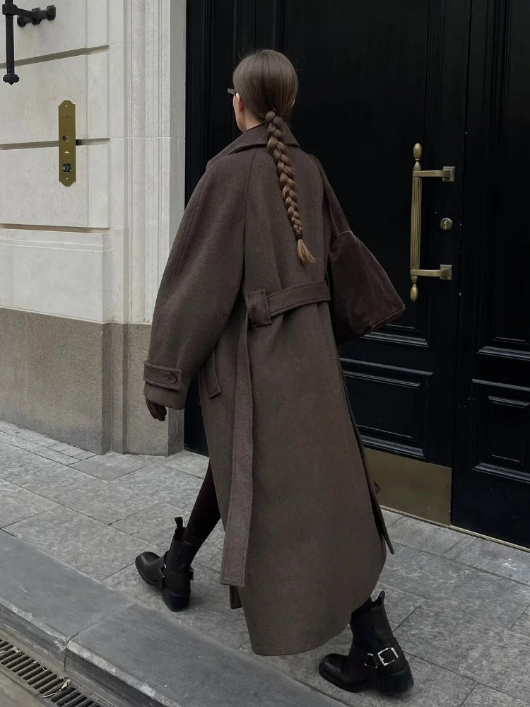 Women's Long Woolen Overcoats Stand Collar Single Breasted Lace Up Oversized Coat Autumn Winter Female Loose New Chic Outerwears