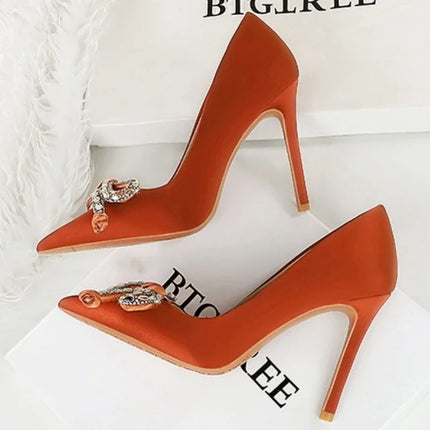 BIGTREE Street Style Lusso Fiocco con strass con punta a punta Tacco sottile Bicchiere da vino in seta Tacchi alti Décolleté da donna