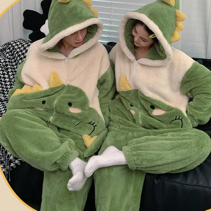 Couples Kigurumis Dinosaur Pajamas Jumpsuits Sleepwear Women Men Winter Thicken Hooded Cartoon Pyjamas Coral Fleece Loose Soft