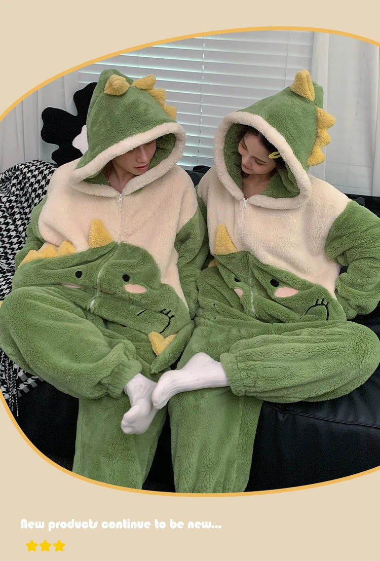 Couples Kigurumis Dinosaur Pajamas Jumpsuits Sleepwear Women Men Winter Thicken Hooded Cartoon Pyjamas Coral Fleece Loose Soft