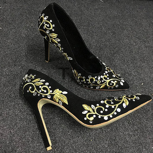 Bling Rhinestone Gold Silver Flower Embroidery Blade Heel Pumps Metal High Heels Crystal Black Suede Pointed Toe Woman Shoes