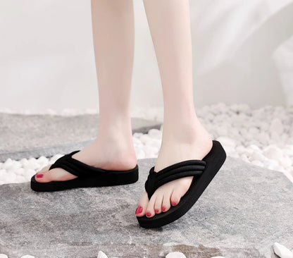 Women Fashion Wedge Flip Flops Summer Platform Shoes Light Weight Girls Indoor Beach Slippers Black Color Ladies Street Sandals