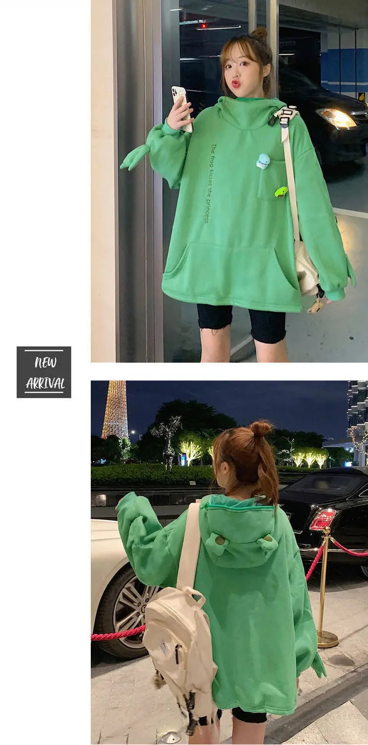 Y2K Autumn Winter Unisex Cartoon Frog Fleece Hoodies Loverly Zipper Loose Warm Sweatshirt Full Sleeve Harajuku Hooded Jackets