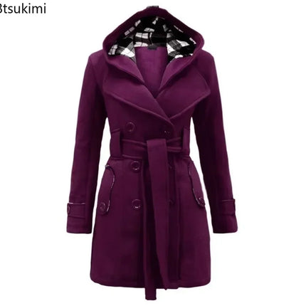 2026 Autumn Women's Hooded Overcoat Trend Double-Breasted Design Belt Side Pockets Plaid Splice Woolen Coats Winter Jacket Femme