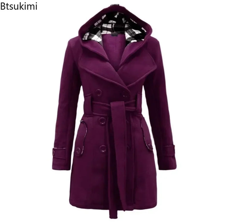2026 Autumn Women's Hooded Overcoat Trend Double-Breasted Design Belt Side Pockets Plaid Splice Woolen Coats Winter Jacket Femme