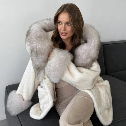 DFDG 2026 Women Hooded Faux Fur Coat Belted Waist Tie Big Fur Trim Collar Long Sleeve Outerwear Warm Luxury Overcoat Winter Fur