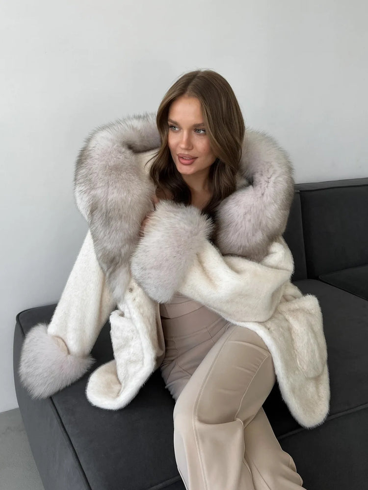 DFDG 2026 Women Hooded Faux Fur Coat Belted Waist Tie Big Fur Trim Collar Long Sleeve Outerwear Warm Luxury Overcoat Winter Fur