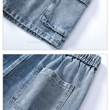 Pantaloncini di jeans alla moda retrò estivi per uomo Jeans corti multitasche larghi con gamba dritta con elastico in vita e coulisse da uomo