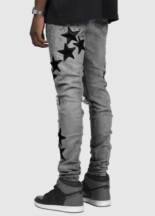Vintage Star Print Stretch Punk Style Ripped Jeans Men's Streetwear Fashion Pocket Male Youth Daily Casual Denim Pencil Pants PlatiNum