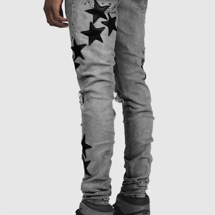 Vintage Star Print Stretch Punk Style Ripped Jeans Men's Streetwear Fashion Pocket Male Youth Daily Casual Denim Pencil Pants PlatiNum