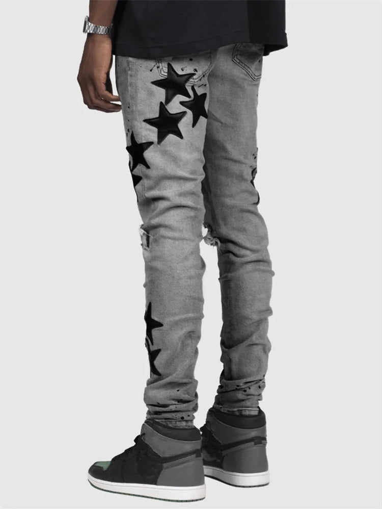 Vintage Star Print Stretch Punk Style Ripped Jeans Men's Streetwear Fashion Pocket Male Youth Daily Casual Denim Pencil Pants PlatiNum