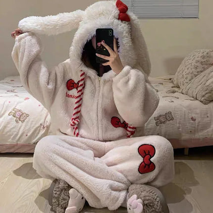 New Sweet and Cute Bow Rabbit One-piece Pajamas Women's Winter New Fleece Thickened Coral Fleece Large Size Loungewear Sleepwear