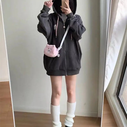 Zipper Hoodie Gothic Cartoon Kawaii Cat Ear Y2k Jacket Zip Up Thin Coat Spring Autumn Cute Core 2000s Clothes Fall Sweatshirts