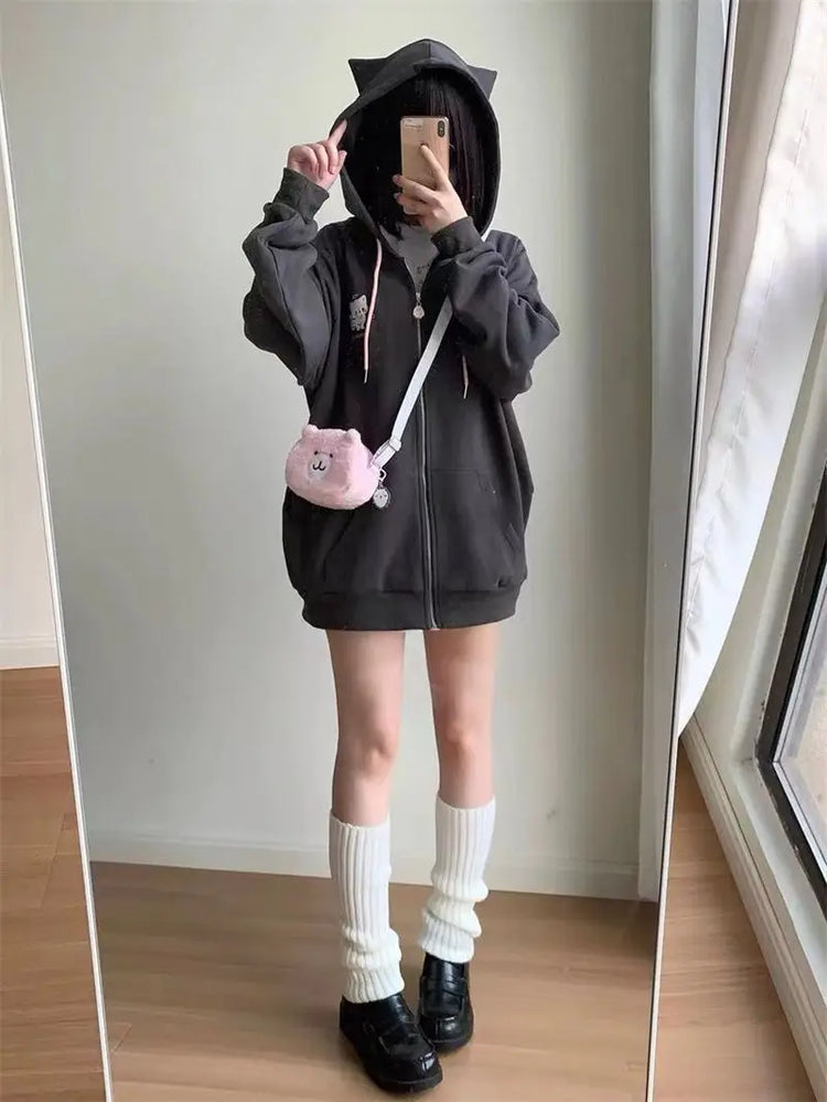 Zipper Hoodie Gothic Cartoon Kawaii Cat Ear Y2k Jacket Zip Up Thin Coat Spring Autumn Cute Core 2000s Clothes Fall Sweatshirts