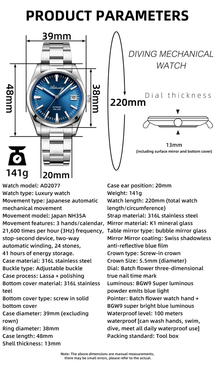 ADDIESDIVE Luxury Classic Automatic Watch Waterproof AR Coated Calendar Display Mechanical Watches Luminous AD2077 Reloj Hombre