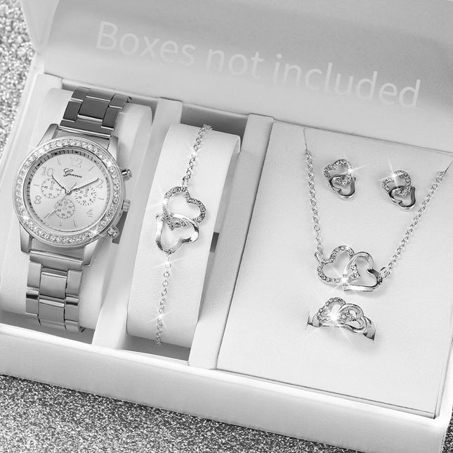 6 pezzi/set orologio da donna moda strass cinturino in acciaio inossidabile orologio al quarzo doppio cuore set di gioielli (senza scatola) platinumshop