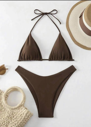Costume da bagno bikini a perizoma da donna sexy, tinta unita bianco/nero/caffè, con laccetti, stile brasiliano, nuovo, in doppio tessuto, per la spiaggia platinumshop