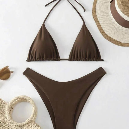 Costume da bagno bikini a perizoma da donna sexy, tinta unita bianco/nero/caffè, con laccetti, stile brasiliano, nuovo, in doppio tessuto, per la spiaggia platinumshop
