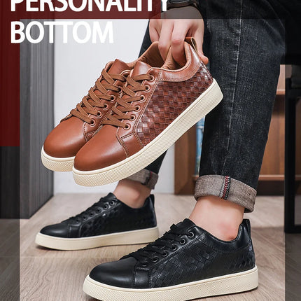 Men Low Top Leather Casual Shoes Lace-up Fashion Sneakers Black Embossed Plaid Upper Non Slip Flat Daily Wear Board Footwear