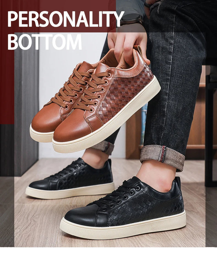 Men Low Top Leather Casual Shoes Lace-up Fashion Sneakers Black Embossed Plaid Upper Non Slip Flat Daily Wear Board Footwear