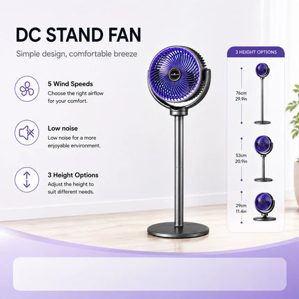 Ventilatore da Terra e da Tavolo 2-in-1 Moderno, 5 Velocità, Potente Flusso d'Aria, Ventilatore USB Portatile per Casa, Camera da Letto, Ufficio