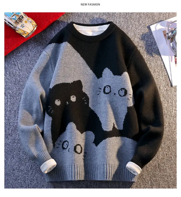 Cartoon Cat's New Knitted Sweater 2025 Men's Autumn/Winter Warm Knitted Sweater Men's Pullover Home Clothes