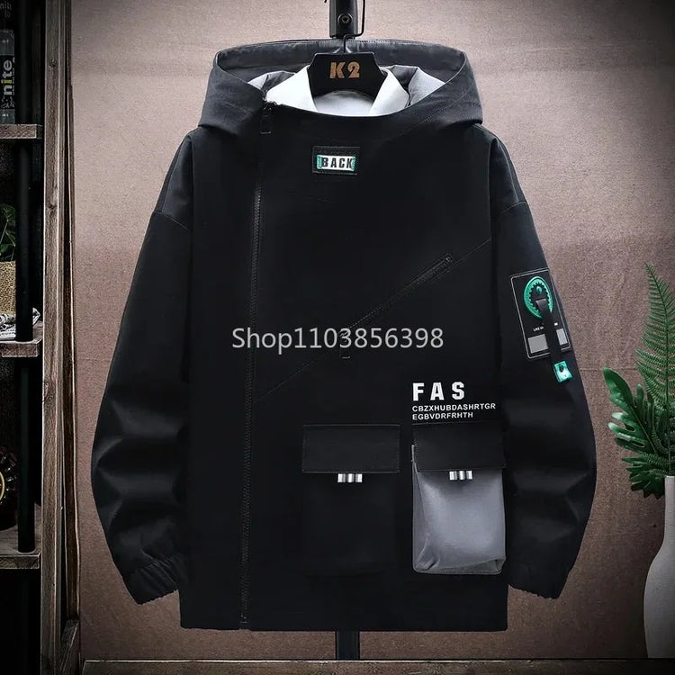 Outdoor Jacket Men Zip Up Hooded Waterproof Jacket Hiking Camping Windbreaker Male Spring Autumn Coats Overisze Outwear Hip Hop