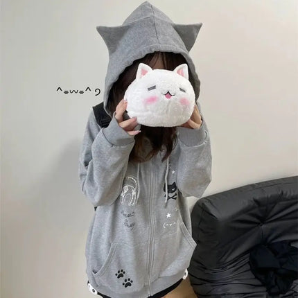 Zipper Hoodie Gothic Cartoon Kawaii Cat Ear Y2k Jacket Zip Up Thin Coat Spring Autumn Cute Core 2000s Clothes Fall Sweatshirts