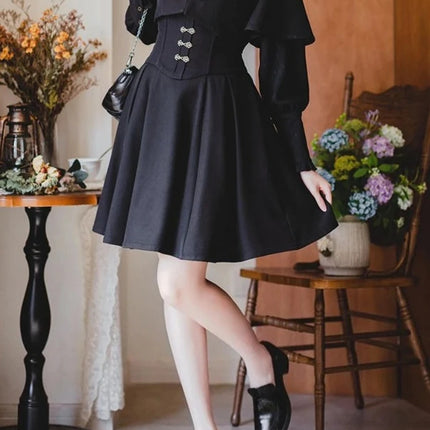 Autumn Japanese Gothic Y2k 3 Piece Set Women Elegant Long Sleeve Shirt Shawl Coat Slim Strap Dresses Korean Female Dark Outfits