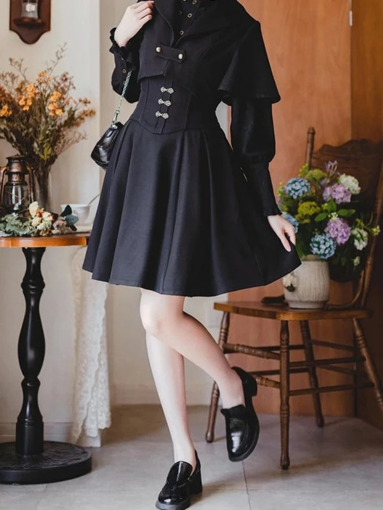 Autumn Japanese Gothic Y2k 3 Piece Set Women Elegant Long Sleeve Shirt Shawl Coat Slim Strap Dresses Korean Female Dark Outfits