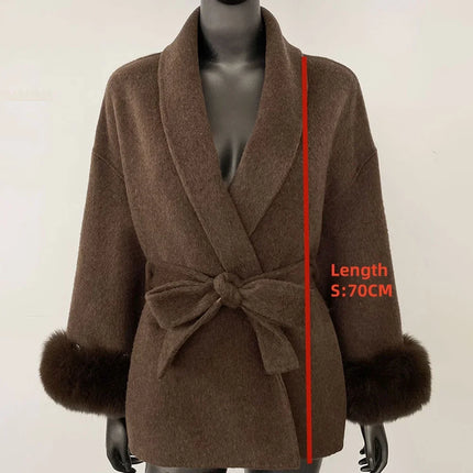 Elegant OL Office Lady Overcoats Fur Patchwork Long Sleeve Woolen Coat Beautiful Women's Clothing Jacket Autumn 2025 Spring