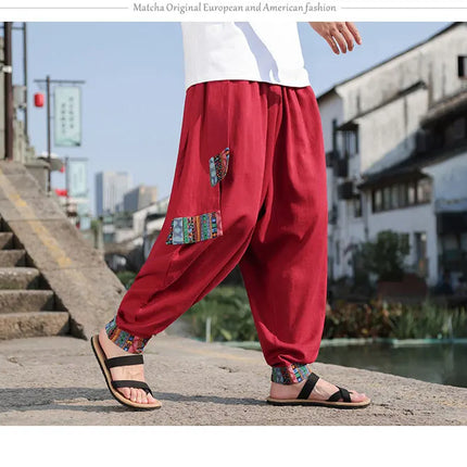 Pantaloni Larghi da Uomo Stile Cinese Retrò 2026, Taglie Forti, di Tendenza, Moda High Street, in Cotone e Lino, Leggings Uomo