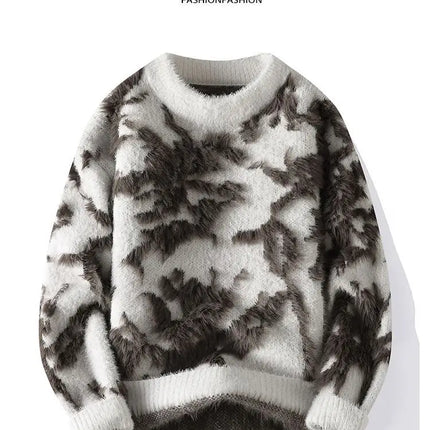 Men Jacquard Furry Sweater Long Sleeve Thick Print Faux Mink Velvet Knit Dyed Pullover O Neck High Street Warm Sweater Jumpers