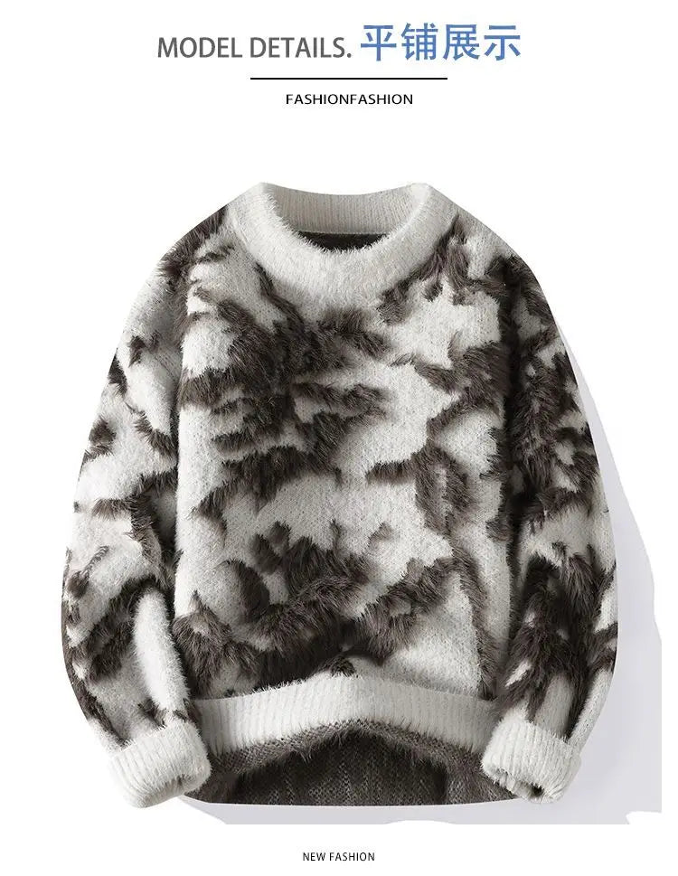 Men Jacquard Furry Sweater Long Sleeve Thick Print Faux Mink Velvet Knit Dyed Pullover O Neck High Street Warm Sweater Jumpers