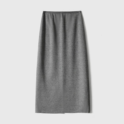 Birdtree Cashmere Silk Blended Skirt For Woman,Elastic Waist Long Skirts,Rear Slit,Commuting Style,2025 Autumn Winter D5N418JF PlatiNum