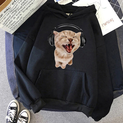 Funny Cute Cat Sweatshirt for Women Aesthetic Y2k 90s Hoodies Harajuku Graphic Pullovers 2000s Ulzzang Gothic Streetwear Female
