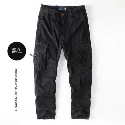 American Style Men's Heavyweight Cotton Cargo Pants Multi-Pocket Casual Loose Straight-Leg Work Trousers Outdoor Jogger Pants