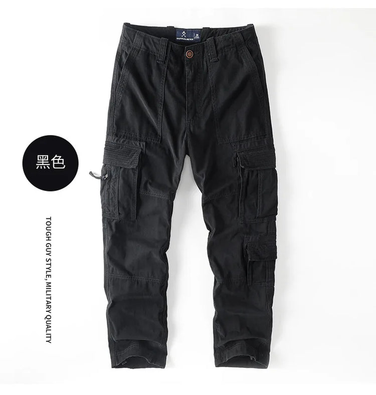 American Style Men's Heavyweight Cotton Cargo Pants Multi-Pocket Casual Loose Straight-Leg Work Trousers Outdoor Jogger Pants