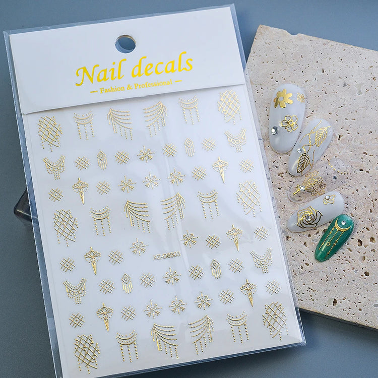 1pcs Gilded Hollow Flower Leaves Nail Art Stickers French Lines Bohemian Tassels 3D Nail Decals Rose Pattern Manicure Decoration