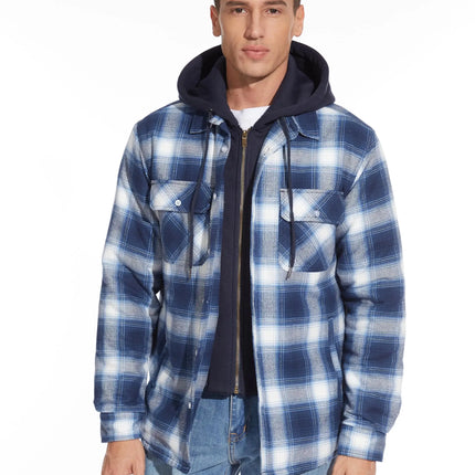 TACVASEN Men's Flannel Shirt Jacket with Removable Hood Plaid Quilted Lined Winter Coats Thick Hoodie Outwear Man Fleece Shirts